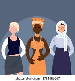 multicultural people, women with different in casual clothes vector illustration design