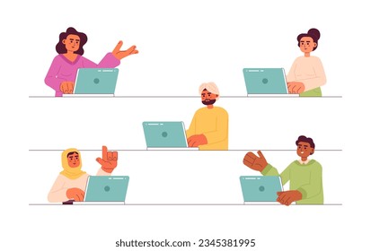 Multicultural people working on laptops semi flat color vector characters. Editable half body freelancers on work on white. Simple cartoon spot illustration for web graphic design