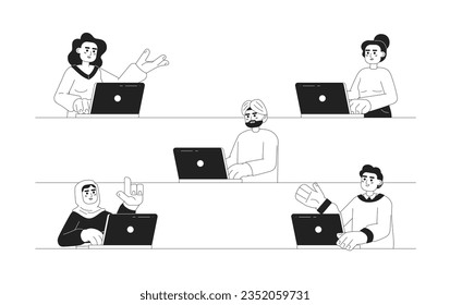 Personas multiculturales que trabajan en laptops con personajes monocromáticos de vectores planos. Trabajadores independientes de medio cuerpo de línea delgada editables en blanco. Sencilla imagen de spot de dibujos animados bw para diseño gráfico web