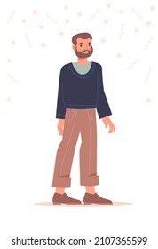 Concepto de persona multicultural. Hombre con barba de un país europeo con suéter elegante y vaqueros. Feliz personaje masculino con ropa informal. Dibujo vectorial plano de dibujos animados aislado en fondo blanco