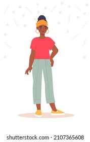 Multicultural person concept. Cute African American woman in stylish casual clothes and traditional headdress. Smiling female character. Cartoon flat vector illustration isolated on white background