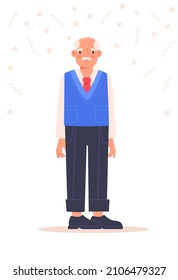 Multicultural person concept. Smiling elderly man in blue stylish sweater and jeans. Male character retiring. European. Happy Grandpa. Cartoon flat vector illustration isolated on white background