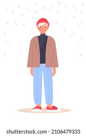 Multicultural person concept. Young American man in stylish jacket, jeans and bright hat. Happy Teenager or guy in casual clothes. Cartoon flat vector illustration isolated on white background