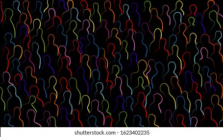 Multicultural population. Globalization. Crowd silhouettes of people with colorful stroke. Multiethnic people who communicate and share ideas. Confusion and disorganization. Immigration