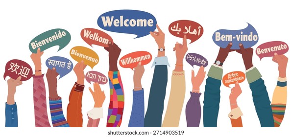 Manos multiculturales levantadas sosteniendo burbujas de discurso de bienvenida en muchos idiomas globales
