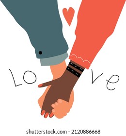 Multicultural relationship. A man and a woman of different ethnicity hold each other's hands. Romantic partners. Flat vector illustration isolated on white background