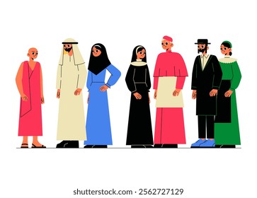 Multicultural Religious Figures In Traditional Attire In Flat Vector Illustration Symbolizing Diversity, Faith, And Cultural Harmony, Isolated On White Background