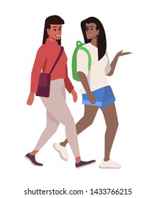 Multicultural schoolgirls talking flat vector illustration. Multiracial high school children walking isolated cartoon characters on white background. Teenage dark skinned girls communicating