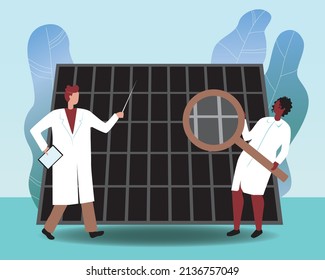 Multikulturelle Wissenschaftler erforschen Solarpaneele als Ökostrom. Flache Vektorgrafik. Menschen mit einer Lupe und Blättern. Forschungskonzept für erneuerbare Energien