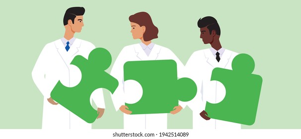 Multicultural scientists are isolated, team scientific. Flat vector stock illustration. Concept of international research by African, Asian, European, American scientists. Multicultural illustration