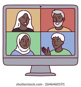 Multicultural senior group with black and white elderly people on computer screen engaged in online video call with friendly expressions