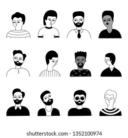 Eine multikulturelle Gruppe von Männern (muslimische, asiatische, europäische) auf weißem Hintergrund. Soziale Vielfalt. Doodle Cartoon, Vektorgrafik.