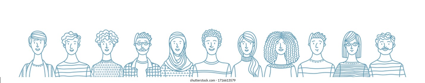 Multicultural Smiling Adult Men And Women Standing Together. International Community Concept With Diverse People Vector Outline Illustration. Multiethnic Group Of Happy People