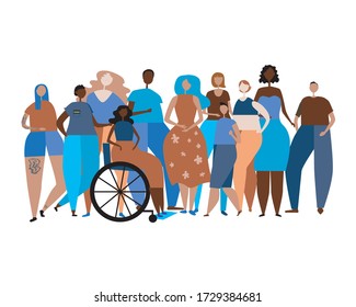 A multicultural society as a concept of people with different skin colors stand. Flat vector stock illusion with multicultural men, women and disabled people isolated on a white background for design