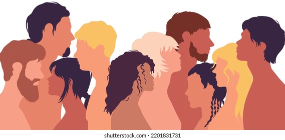 Una sociedad multicultural. Gráficos de hombres y mujeres de diversas culturas en un perfil plano de caricatura. Un concepto de igualdad racial y antirracismo.