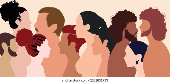 Una sociedad multicultural. Gráficos de hombres y mujeres de diversas culturas en un perfil plano de caricatura. Un concepto de igualdad racial y antirracismo.