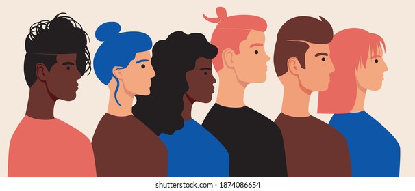 Multicultural society, people's faces are isolated. Flat vector stock illustration. Concept of multicultural communication, teamwork. People are of different ethnic group. Black skin, men, women