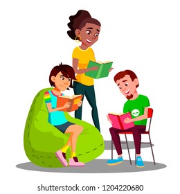 Multicultural Student Group Boys And Girls Reading Their Books Vector. Isolated Illustration
