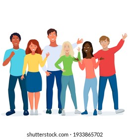 Multicultural students flat vector illustration. Young girls and boys waving isolated characters. Concept of friendship day, Diverse cultures. Happy teenager in casual clothes. Youth lifestyle.