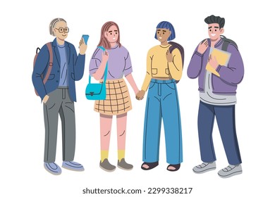 Multicultural students flat vector illustration. Young girls and boys holding books and cellphone isolated characters on white background. Happy teenager in casual clothes. Teen lifestyle.