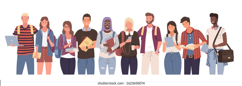 Multicultural students group, international people vector. Different nation young girls and boys holding books and laptop, isolated characters with backpacks. Happy teenagers in casual clothes, youth