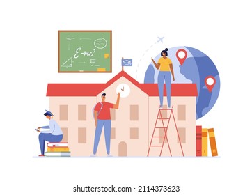 Multicultural students learning in international high school. Concept of foreign study, global education, student exchange program, educational tourism. Vector illustration in flat design for banners