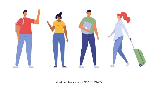 Multicultural students learning in international high school. Concept of foreign study, global education, student exchange program, educational tourism. Vector illustrations set in flat design