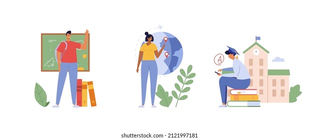 Multicultural students learning in international high school. Concept of foreign study, global education, student exchange program, educational tourism. Vector illustrations set in flat design