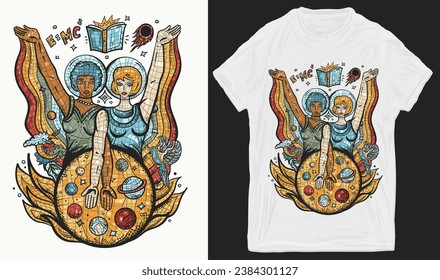 Multicultural study of deep space. Astronaut, scientists and dreamer. Creative print for clothes. T-shirt design. Template for posters, textiles, apparels