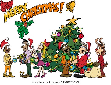 A multicultural team celebrating Christmas next to the Christmas Tree, with gifts, hot drinks, and dressed up like Santa, Rudolph, etc. 
