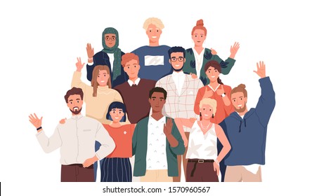 Multicultural team flat vector illustration. Unity in diversity. People of different nationalities and religions cartoon characters. Multinational society. Teamwork, cooperation, friendship concept. - Shutterstock ID 1570960567