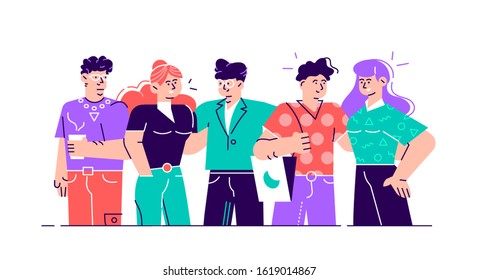 Multicultural team flat vector illustration. Unity in diversity. People of different nationalities and religions cartoon characters. Multinational society. Teamwork, cooperation, friendship concept.