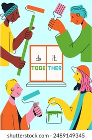 Multicultural team flat vector illustration. Unity in diversity. People of different nationalities and religion are doing repair work together. Multinational society. Teamwork, cooperation, friendship