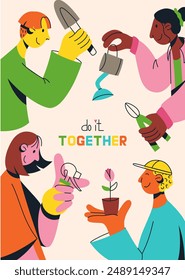 Multicultural team flat vector illustration. Unity in diversity. People of different nationalities and religion are gardening together. Multinational society. Teamwork, cooperation, friendship concept