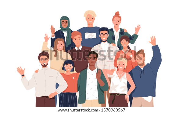 多文化チームの平らなベクターイラスト 多様性の統一性 異なる国籍の人々や宗教のキャラクター 多国籍社会 チームワーク 協力 友情のコンセプト のベクター画像素材 ロイヤリティフリー