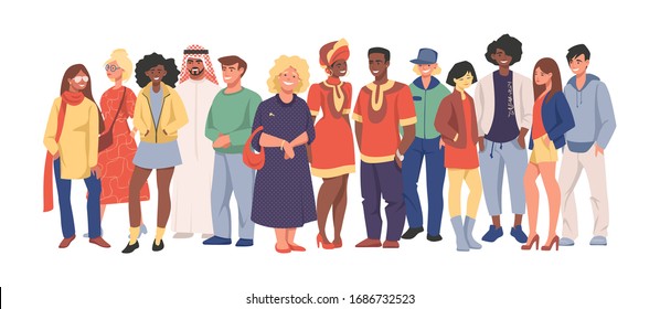 Multicultural team. Group of different people in casual clothes standing together, cartoon characters of diverse nationalities. Vector illustration happy men and women set diversity multiethnic people
