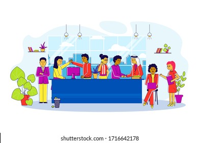 Multicultural team in office line, vector illustration. Business meeting, employee communication near large table. People man and woman character work together, different nationalities.