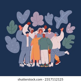 Multicultural team. Unity in diversity. People of different nationalities and religions cartoon characters. Multinational society. Teamwork, cooperation, friendship concept.