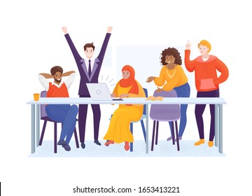 Multicultural Team working. African man, muslim woman and european businessman. Teamwork business concept with symbol of cooperation and partnership. Vector stock illustration in flat style isolated.