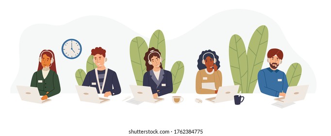 Multicultural tech support employees in call center working on hotline, answering calls wearing hands free headsets. African american girl, indian sikh, guy, woman help customers vector illustration.