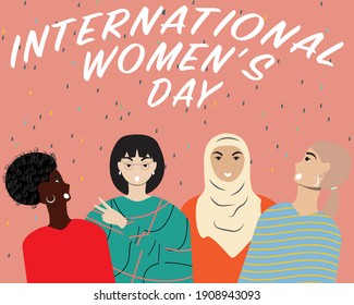 Multicultural template for International Women's day. Four women. Vector template.