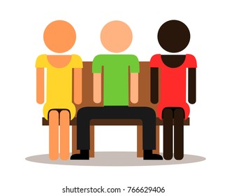 Multicultural three people sit on bench - manspreading / love triange with two women and men. Impolite male spreads legs on public space / polyamory and polygamous couple. Vector illustration