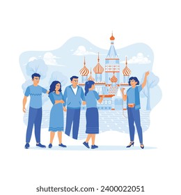 Multicultural tourists are touring in Pisa, Italy, during the day. Tourists listen to a guide's explanation about a famous monument. Tourist Guide concept. trend modern vector flat illustration