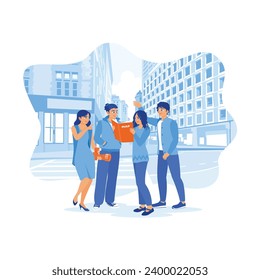 Multicultural tourists are touring in Pisa, Italy, during the day. Tourists listen to a guide's explanation about a famous monument. Tourist Guide concept. trend modern vector flat illustration