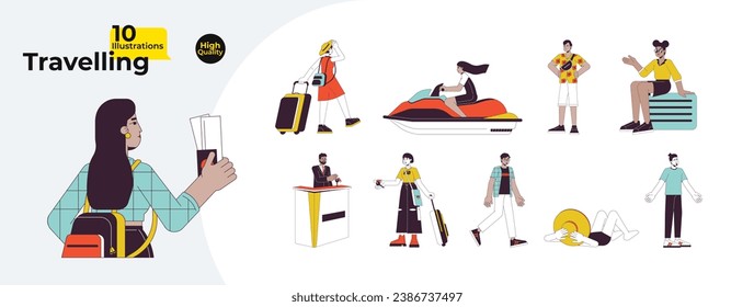 Multicultural tourists travelers line cartoon flat illustration bundle. Summer adventure people 2D lineart characters isolated on white background. Vacationers vector color image collection