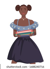 Multicultural university student, African American girl with books pile, isolated character vector. Woman carrying textbooks stacks in casual clothes. Teenager in choker, international college