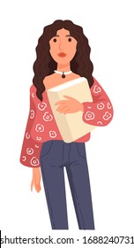 Multicultural university student, girl with book, isolated female character vector. Spanish or Mexican woman holding textbook in casual clothes. Teenager in jeans, international college or school