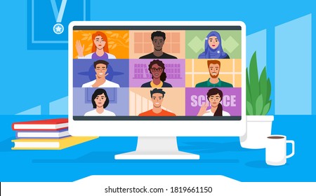 Multicultural Video Conference for Online Virtual Meetings, Work from Home WFH or Anywhere Concept. Teleconference TV Webinars or Remote Team Working. Vector Illustration in Flat Design Cartoon Style.