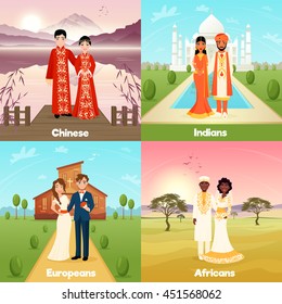 Multicultural wedding 2x2 design concept with chinese indian european and african couples flat vector illustration   