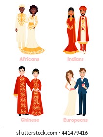 Multicultural wedding couples in national clothing on white background flat isolated vector illustration